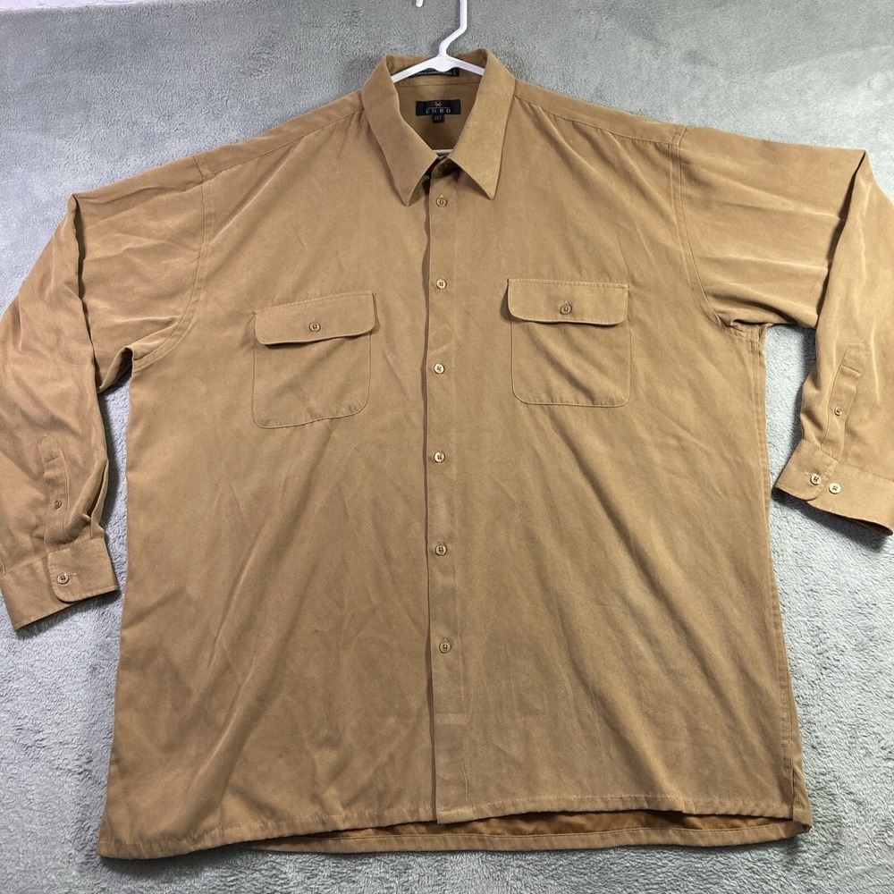 ENRO Shirt Men 2XT Brown Button Up Polyester Suede Like Feel Long Sleeve Pockets